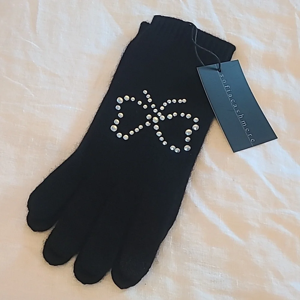 Sofia Cashmere Stud Bow Cashmere Gloves Black